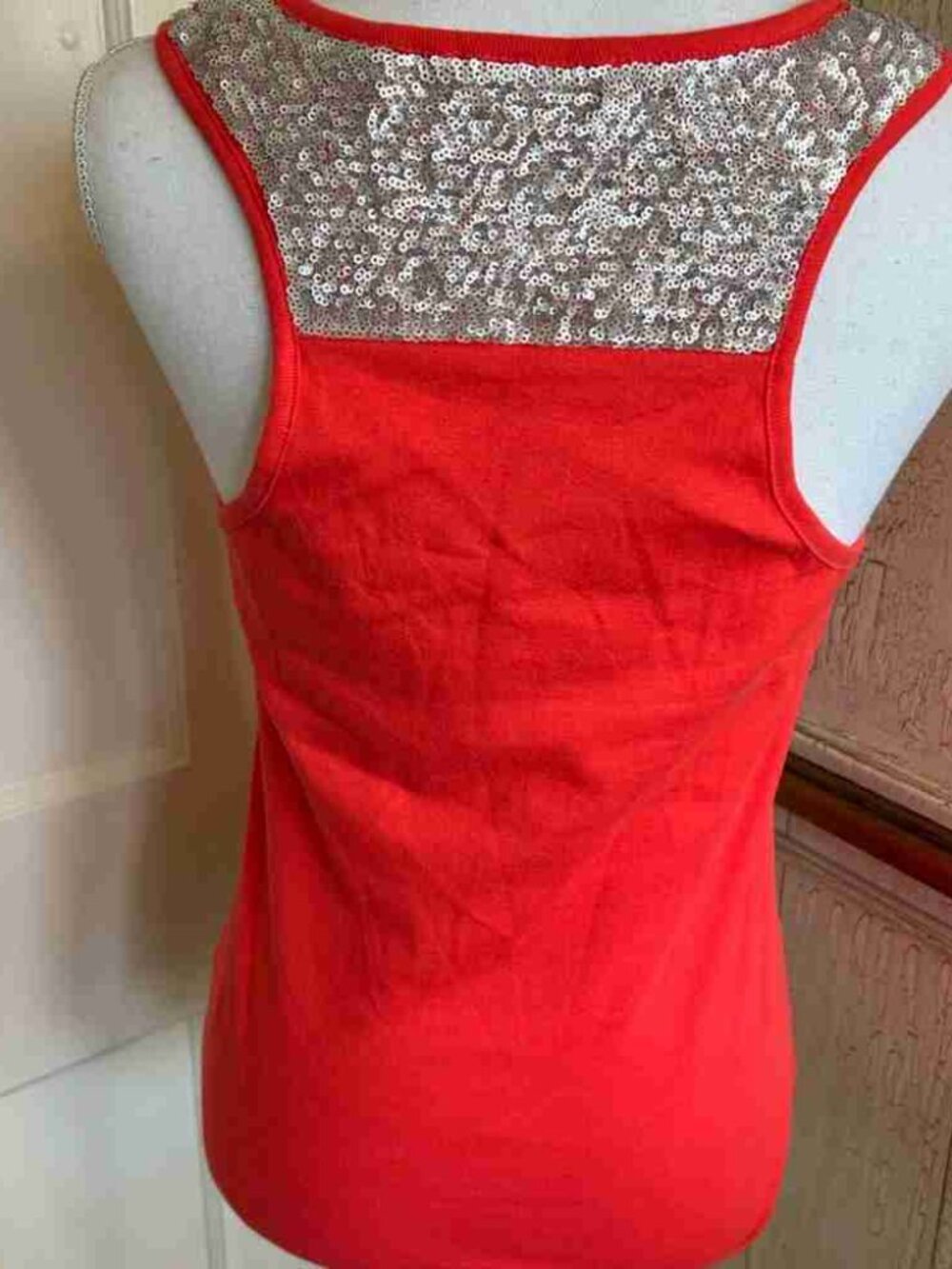 Red Ribbed Tank Top Silver Sequin Back Sleeveless - Picture 2 of 2